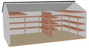 Pine Creek Structures interior options: organizer package with lofts and shelving