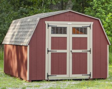 10x14 Madison Series Mini Barn Storage Shed with Red Siding and Transom Windows